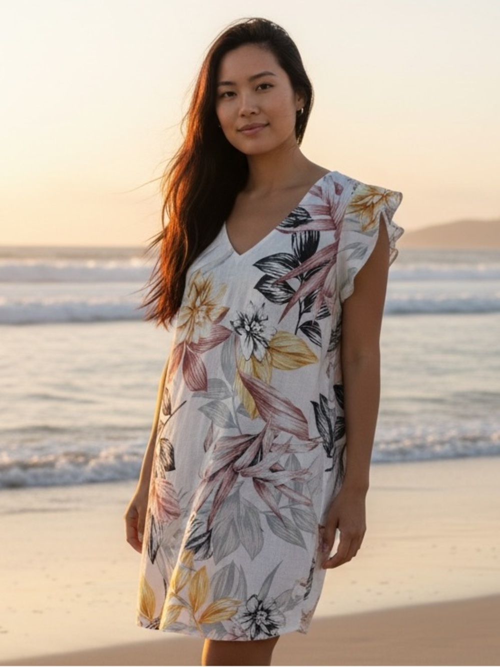 C&C California White Linen Floral V-Neck Tropical Print Mini Dress Size Large
